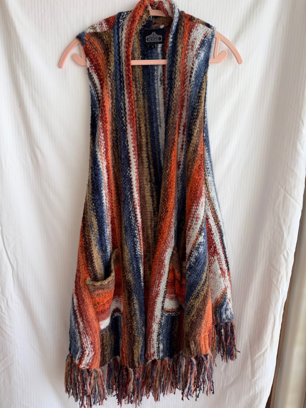 Angie Cardigan Vest in Multi Orange and Blue - Cozy Layering Piece size L